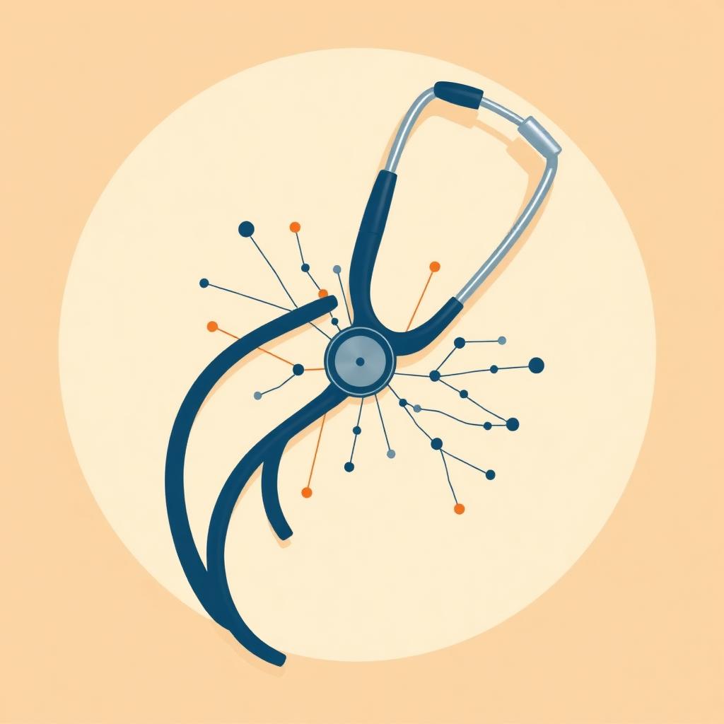 Stethoscope intertwined with a neural network of nodes — symbolising the organizational work behind AI adoption in healthcare.