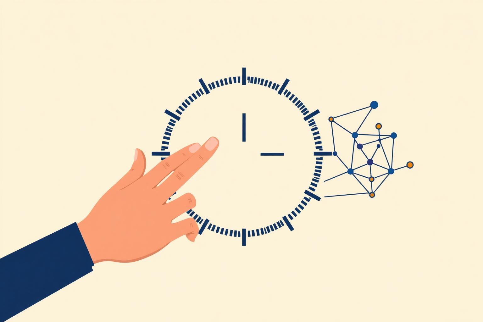 Flat vector illustration of a human hand and a geometric AI node network reaching toward the same segmented decision dial