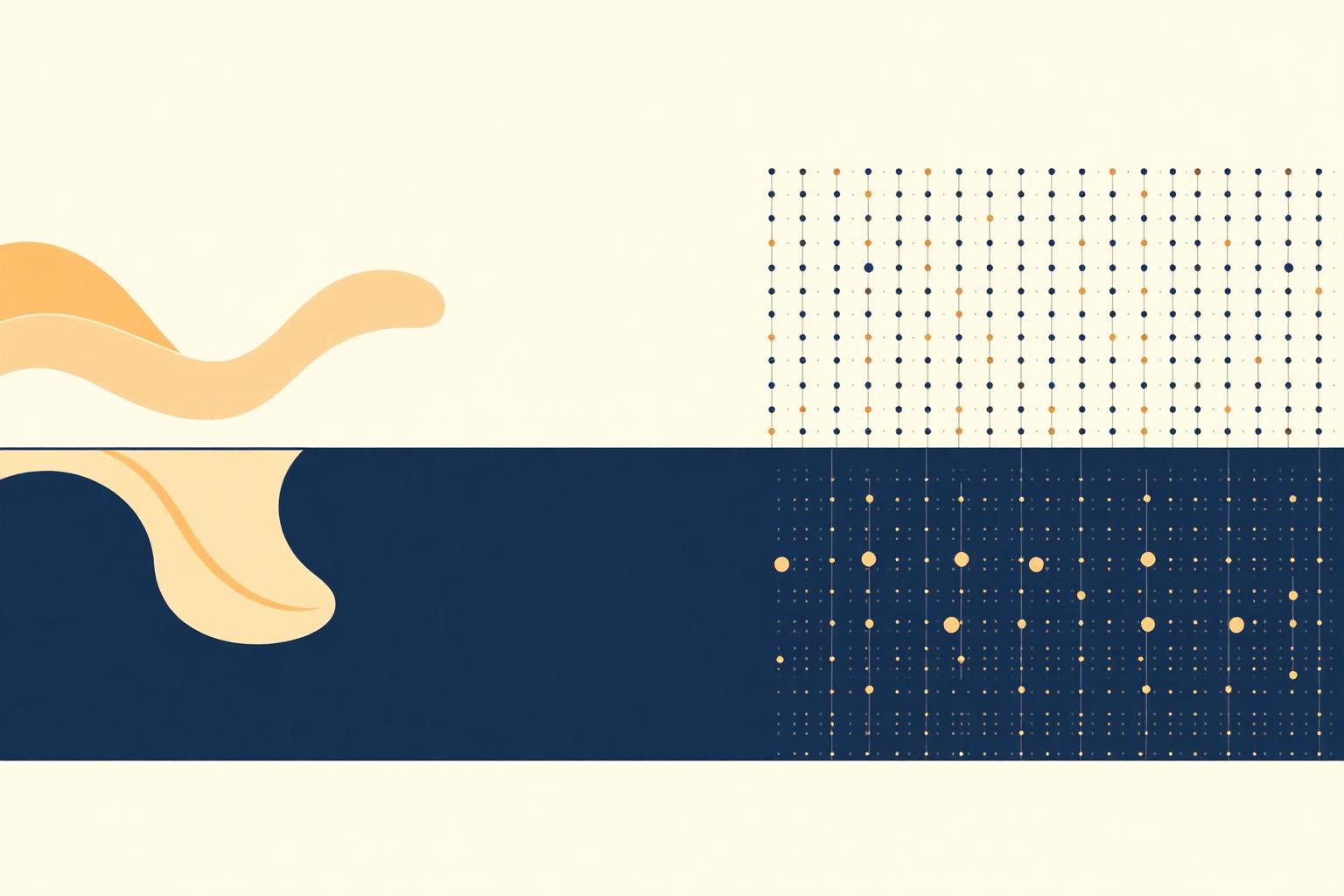 Editorial illustration of a dividing line between warm organic forms representing human judgment and a structured data grid representing AI as a coordination layer.