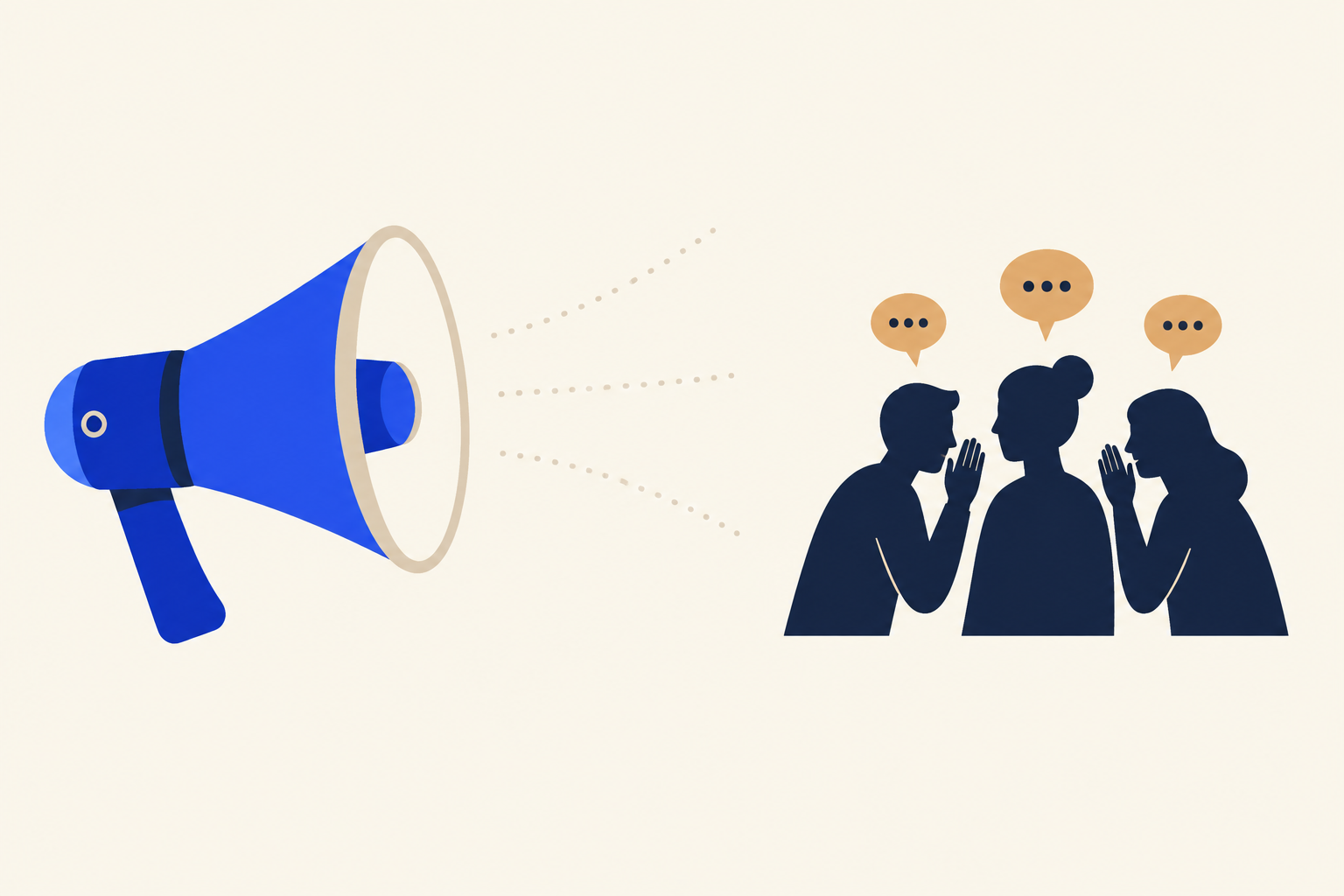 Illustration of a megaphone emitting empty dotted lines toward employees whispering among themselves — the silence left when no AI plan is communicated.