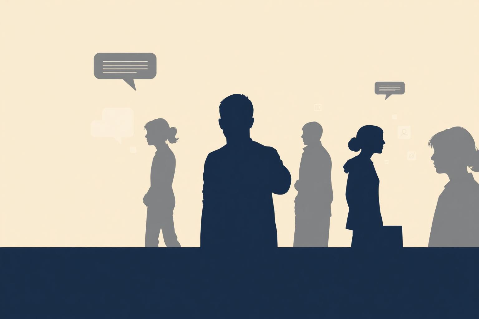 Abstract editorial illustration of hidden AI use inside an organization — silhouettes of employees with translucent digital overlays on a warm cream background.