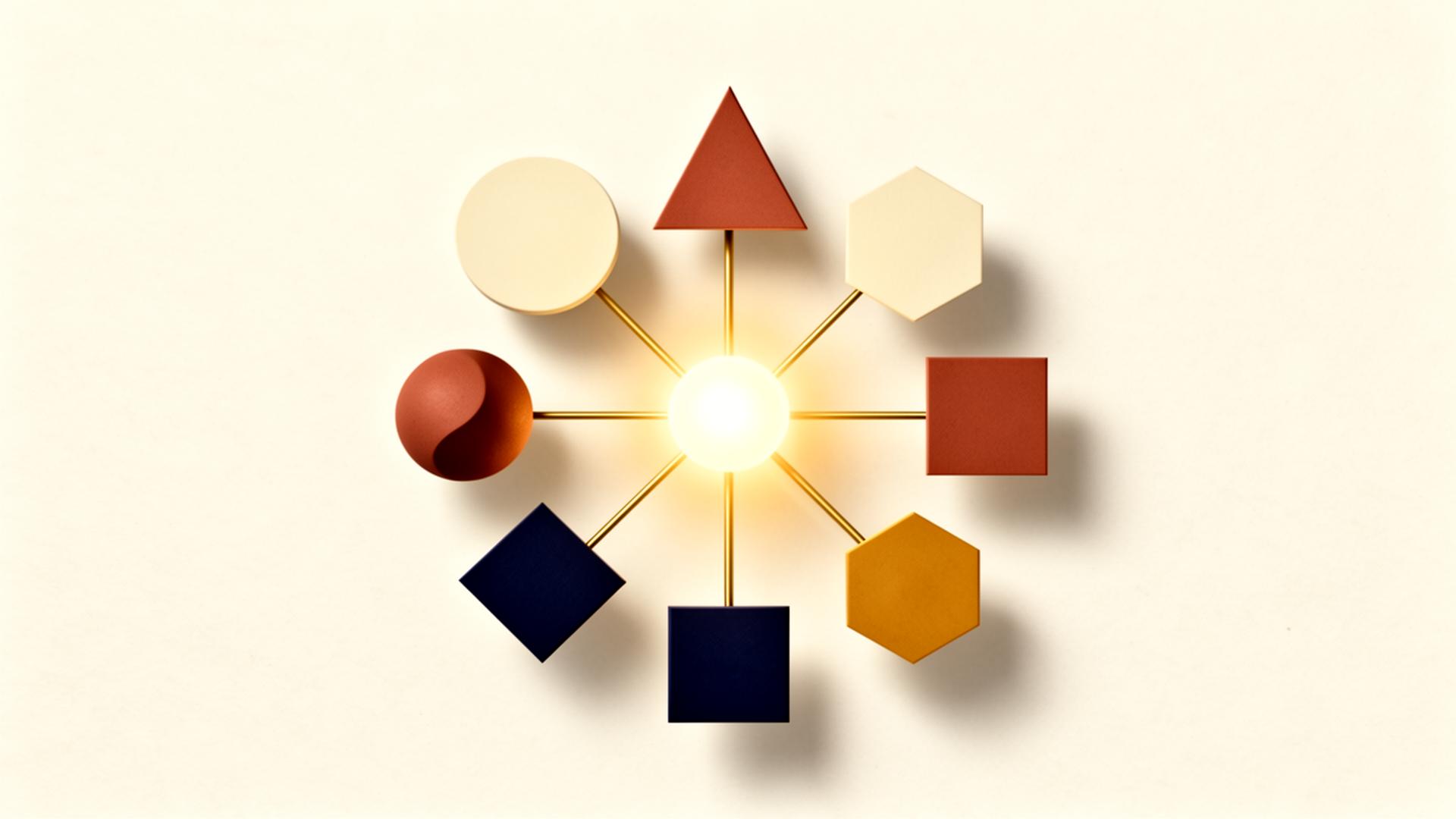 Distinct geometric shapes connected by golden lines converging into a luminous core — symbolizing cross-functional collaboration driving innovation.