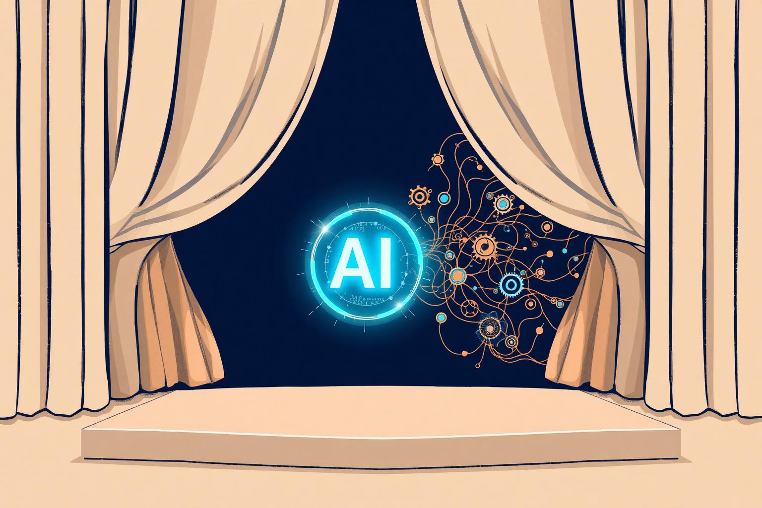 A polished AI demo glowing on a boardroom stage while a tangled mechanism of gears and wires sits hidden behind the curtain — the gap between a successful pilot and real AI readiness.