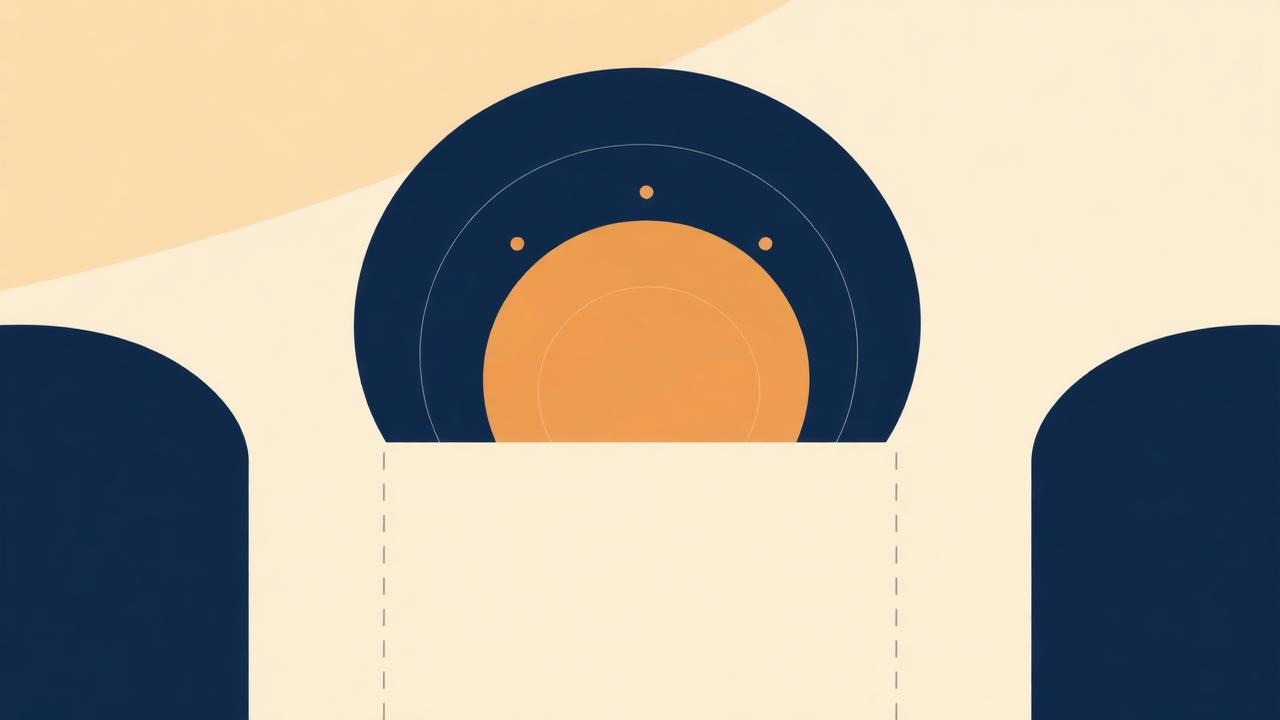 Layered geometric illustration of an enterprise AI adoption framework, with concentric arches in navy, tan, and orange on a warm cream background.