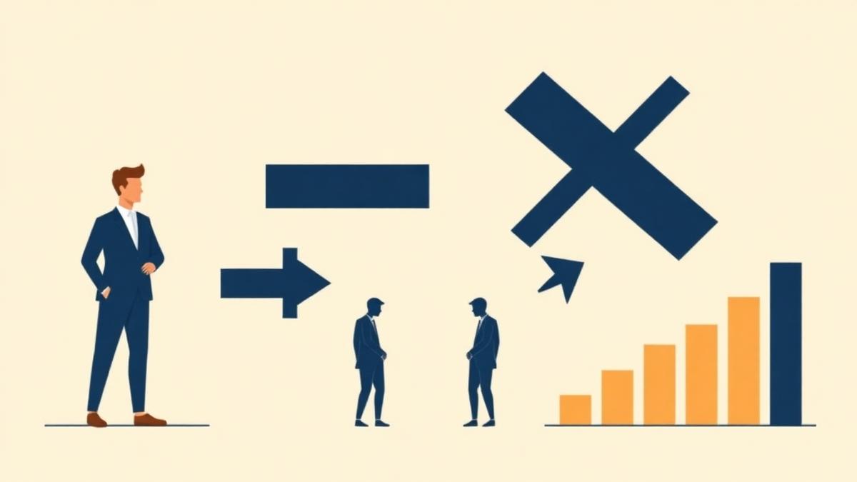 Flat vector illustration of a manager figure, a small team, diverging arrows and a bar chart representing a misread statistical multiplier