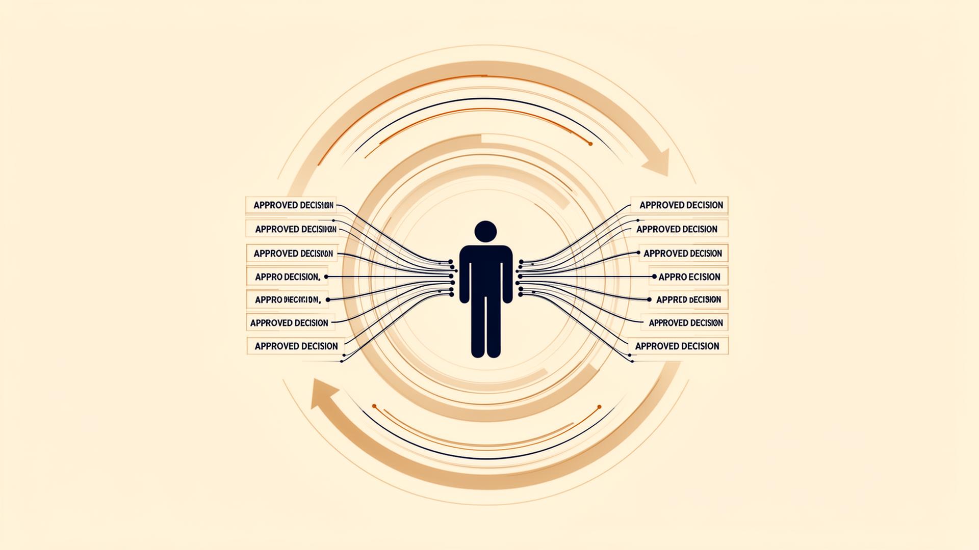 Abstract control loop with a human figure at the center approving decisions flowing in from data streams — symbolising human-in-the-loop AI implementation as a designed oversight process.