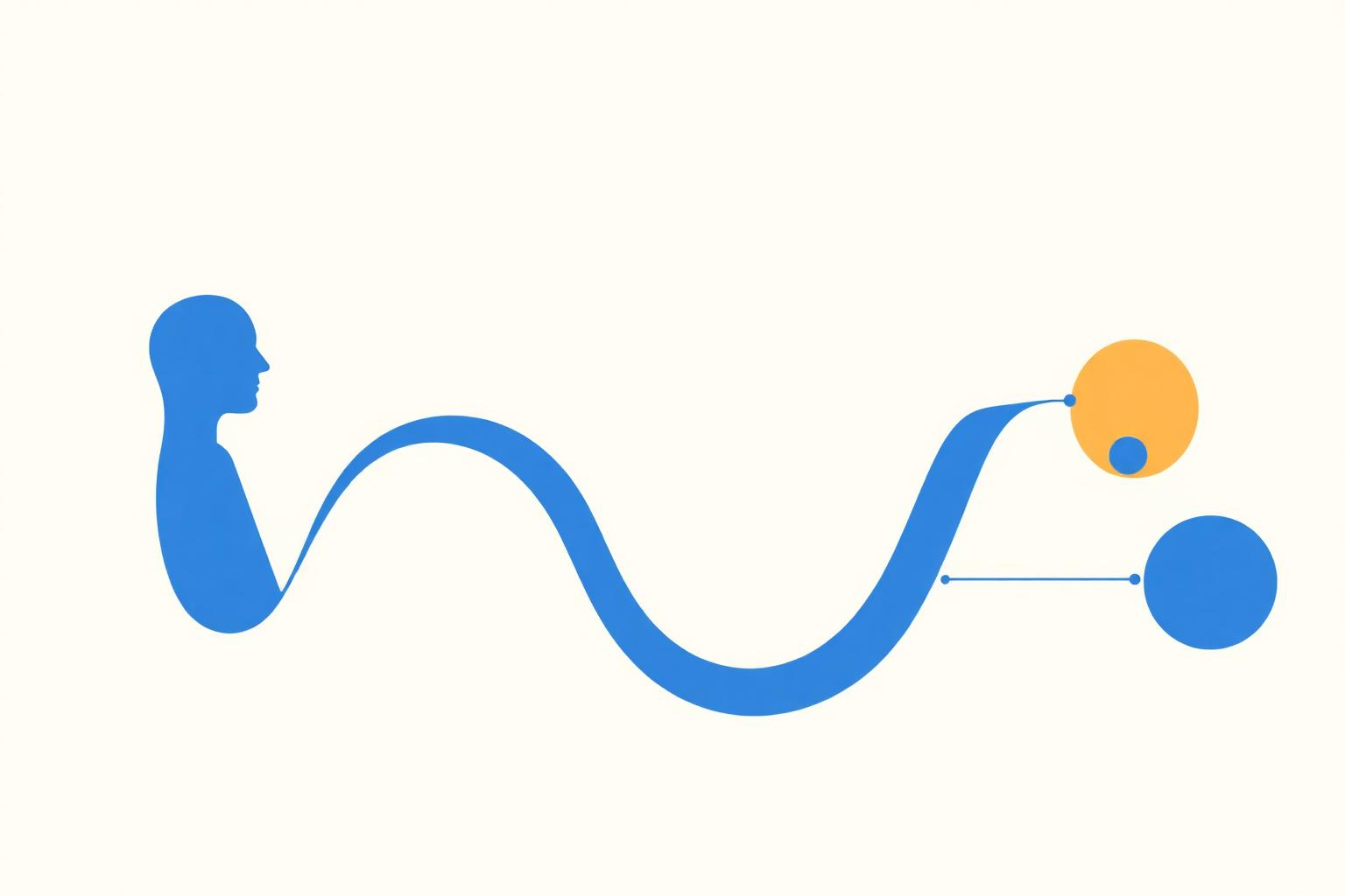 Abstract illustration of a human silhouette connected to AI decision nodes by a flowing loop, representing human-in-the-loop and human-on-the-loop oversight models.