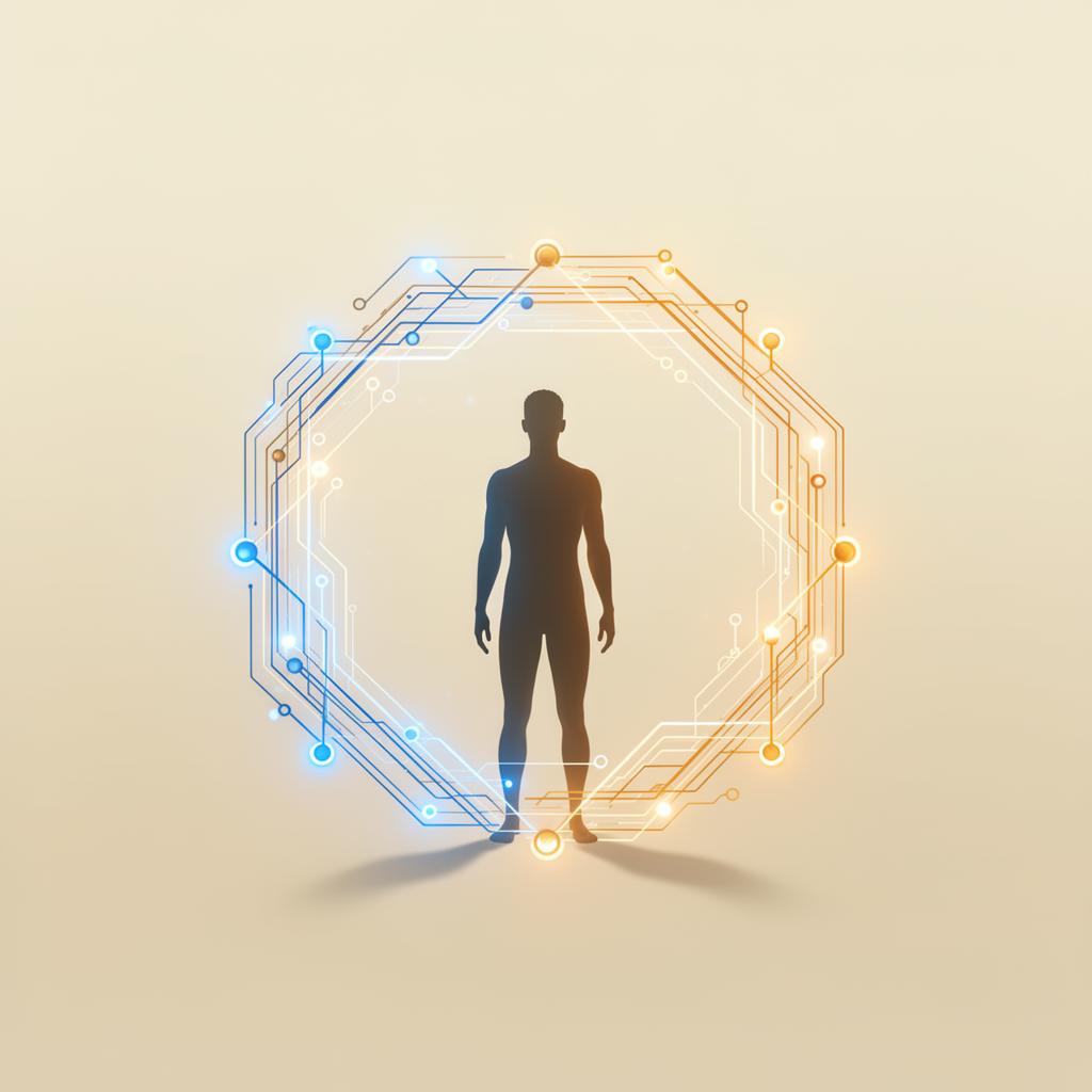 Human silhouette inside a glowing circuit loop — symbolising human-in-the-loop AI as a coordination pattern around an autonomous system.