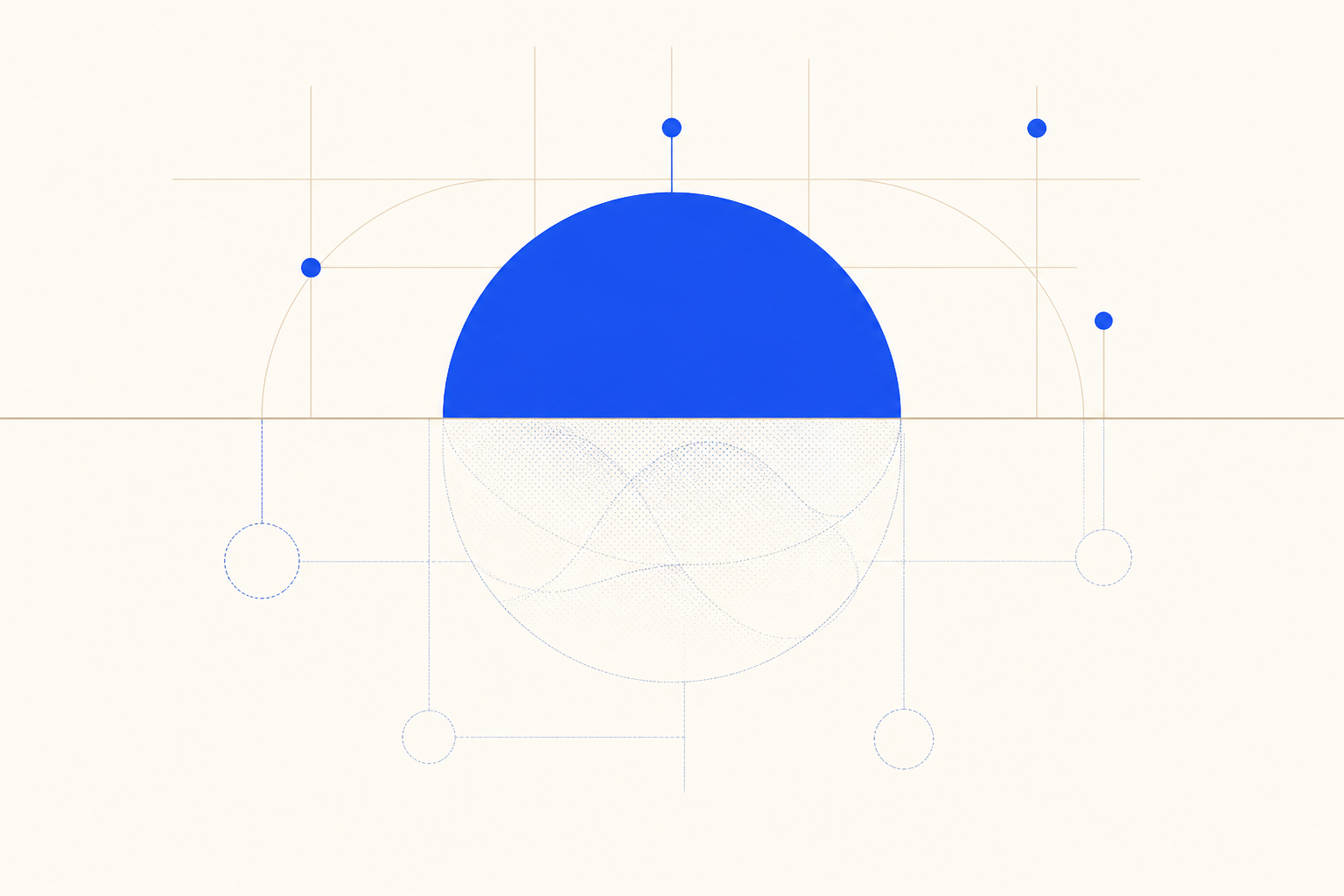 Abstract illustration of a navy circle whose lower half dissolves into faint dotted outlines, representing the invisible half of AI adoption