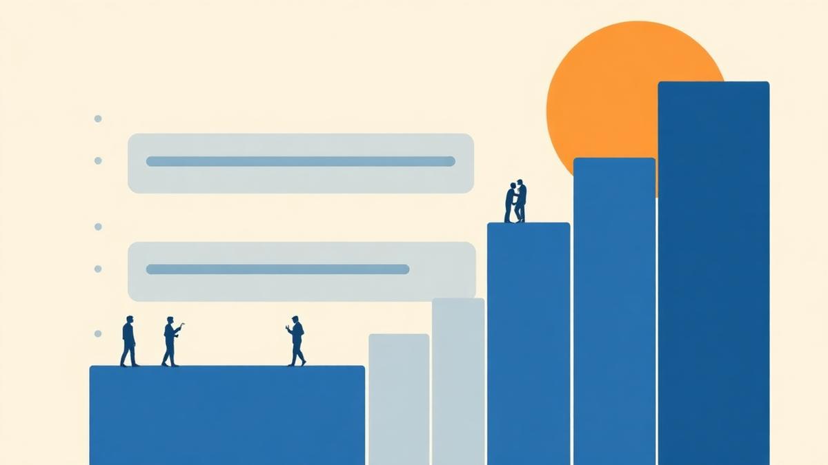 Editorial illustration of layered metric bars with small human figures — representing input, process, and output measures of AI adoption — on a warm cream background.