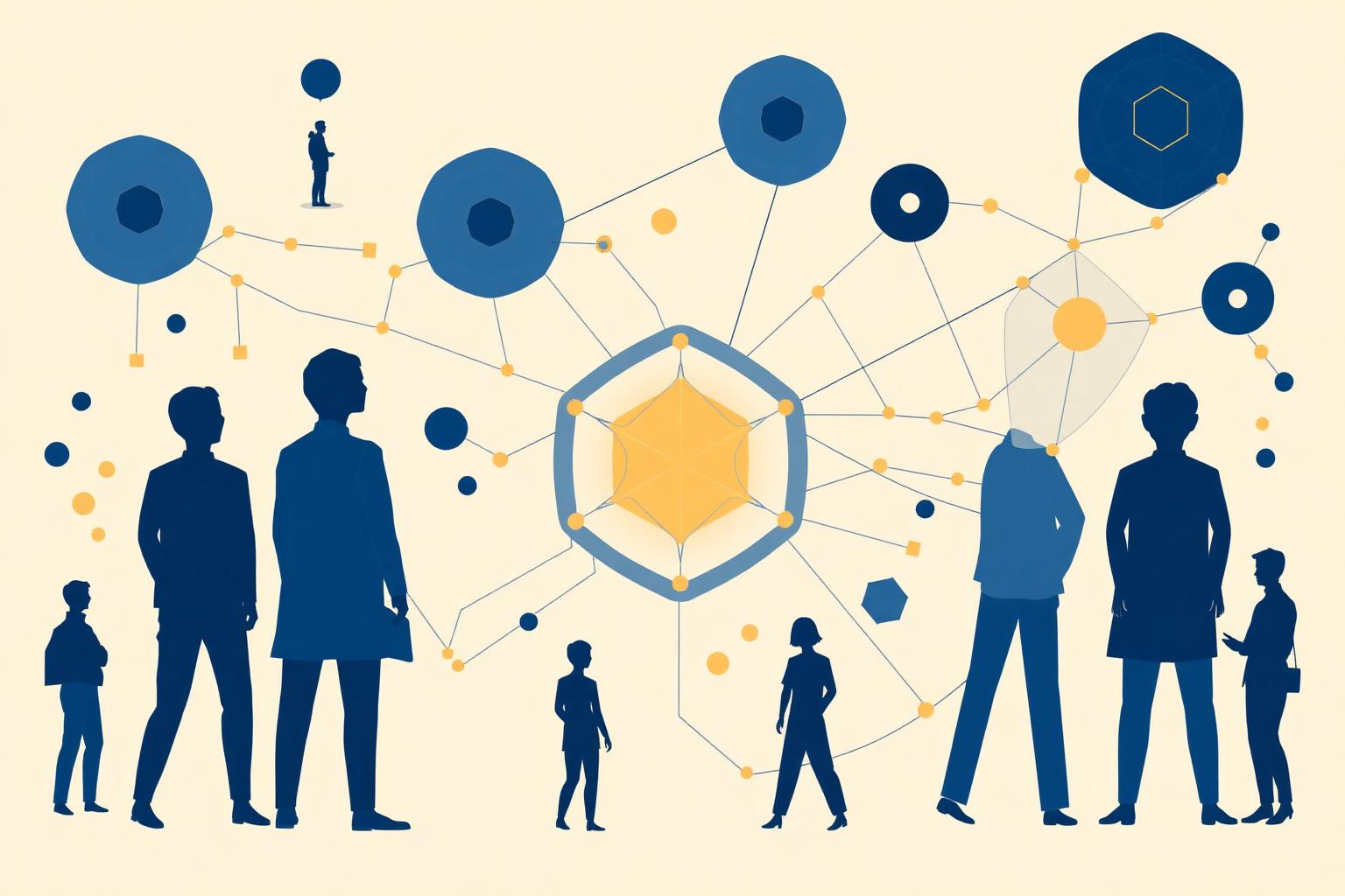 Abstract editorial illustration of organizational change management in AI transformation — interconnected human figures and transformation pathways on a warm cream background.