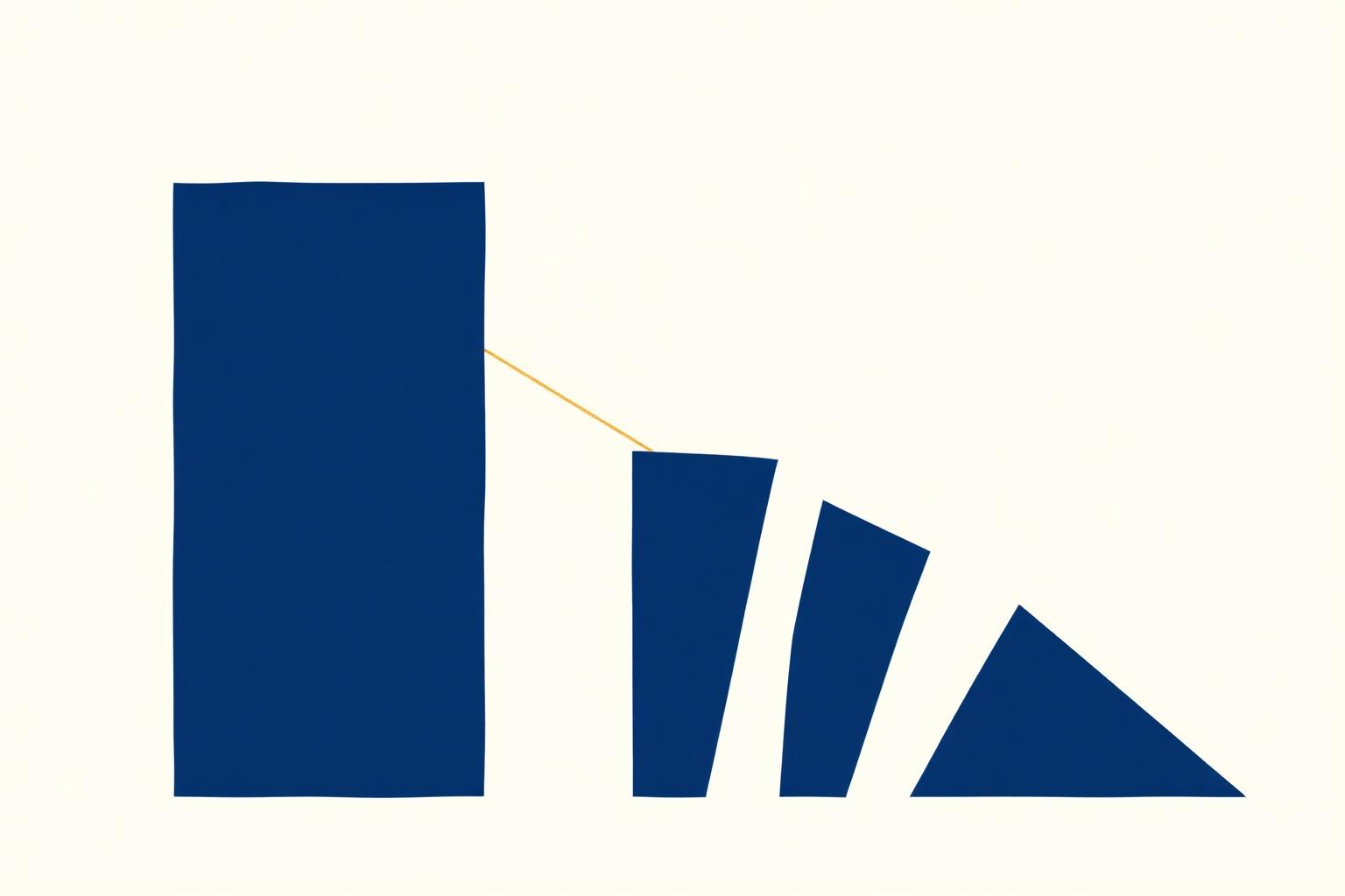 Abstract chart-like illustration of one tall solid navy bar next to three shrinking fragmented bars on a cream background, representing productivity gains that never scale into transformation