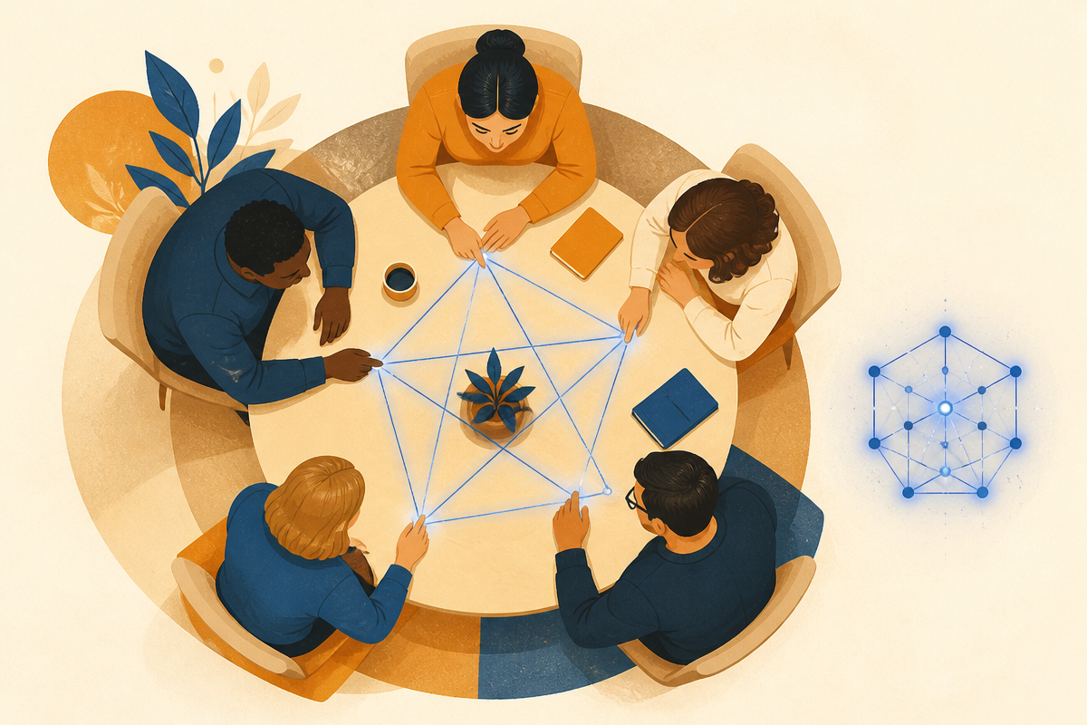 Illustration seen from above of five colleagues around a round table connected by thin blue lines, with a small geometric AI node grid sitting outside the human circle