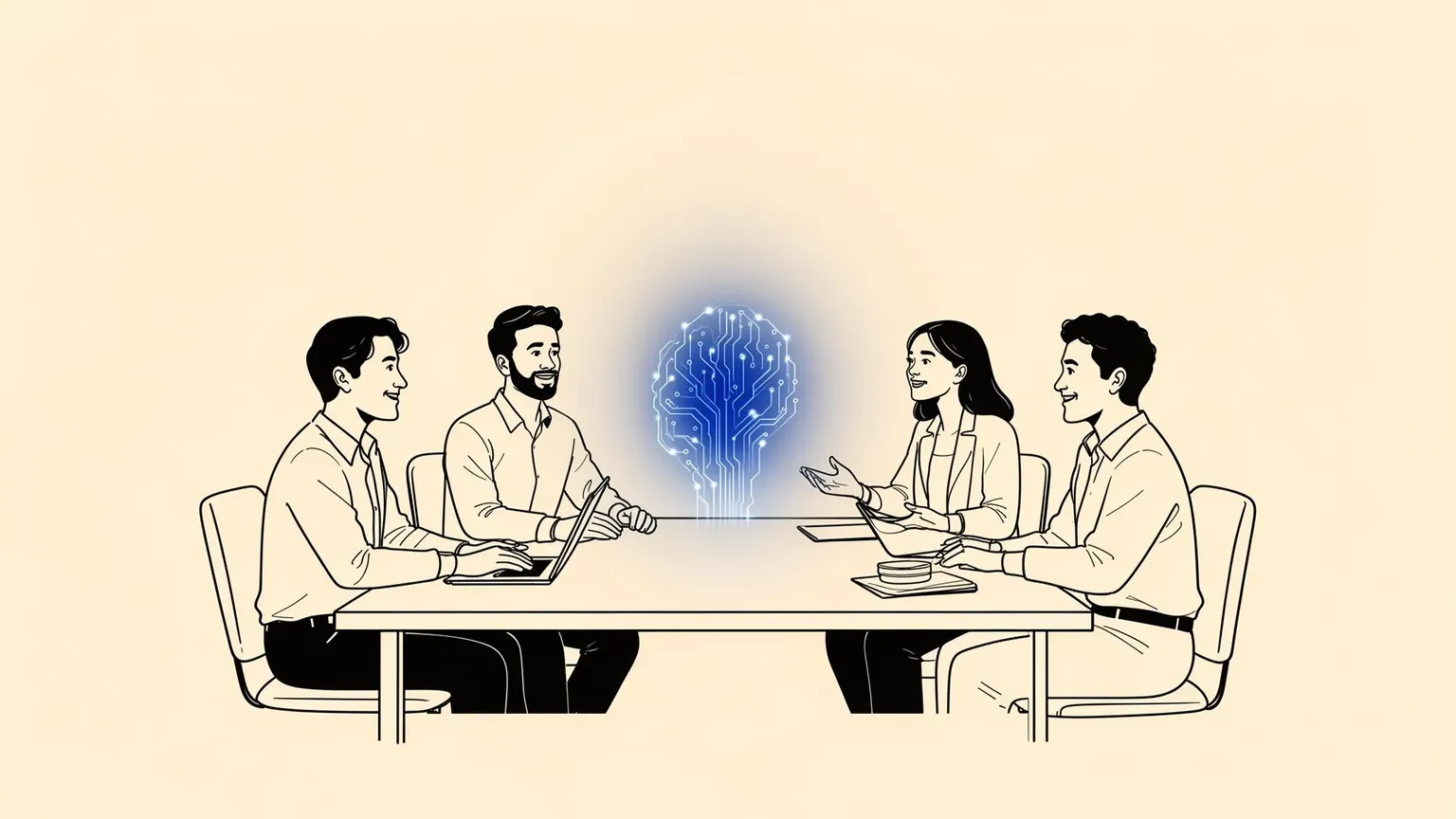 Abstract visualization of trust and transparency in AI-augmented teamwork — warm cream and deep navy tones, no text.