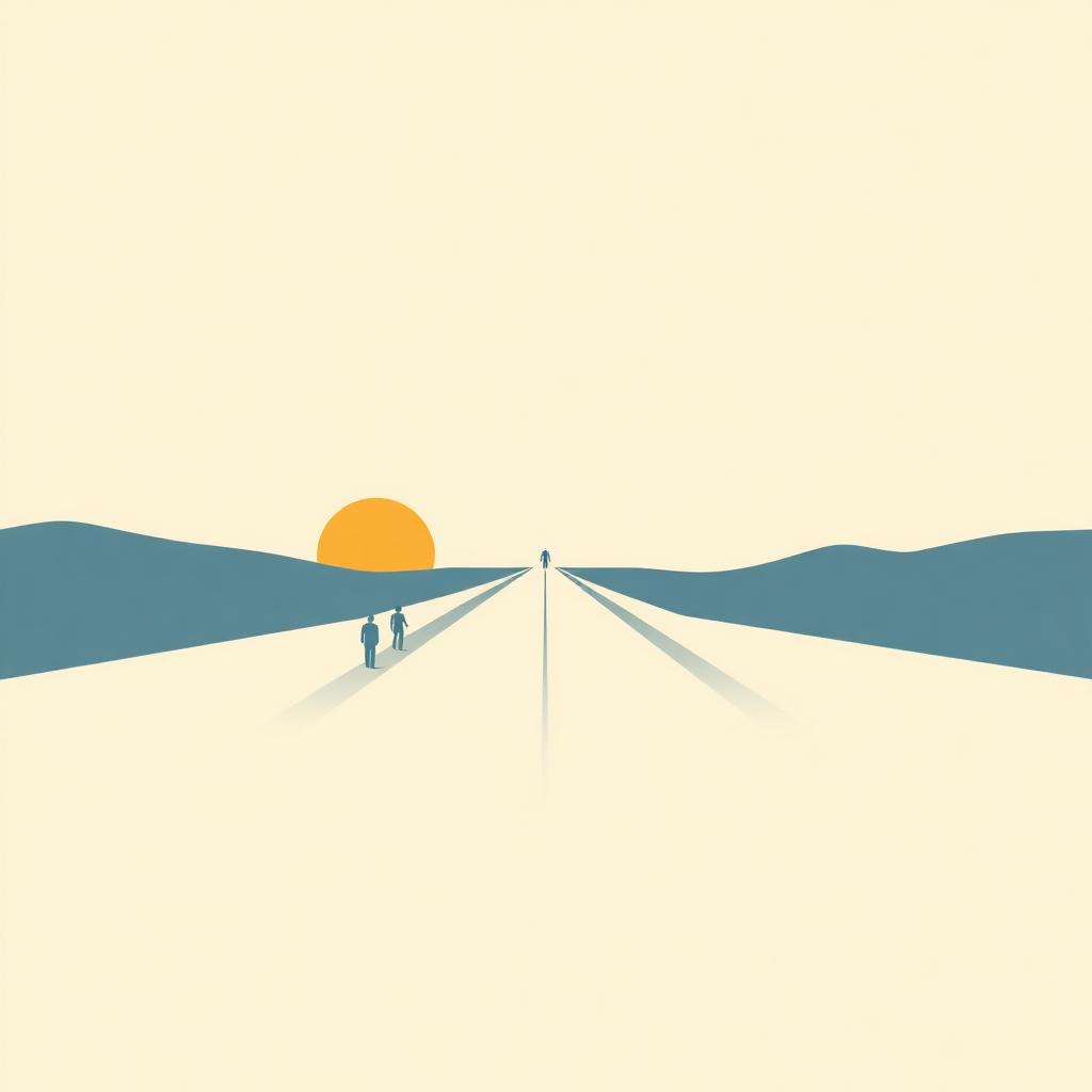 Editorial illustration of two divergent paths splitting toward a bright horizon and a dark horizon — representing best case vs. worst case scenario planning for AI transformation.